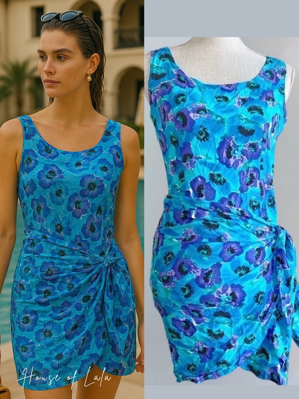 Vintage Beach Vacation Dress. Faux Wrap Skirt Floral Mini Beach Dress Coverup